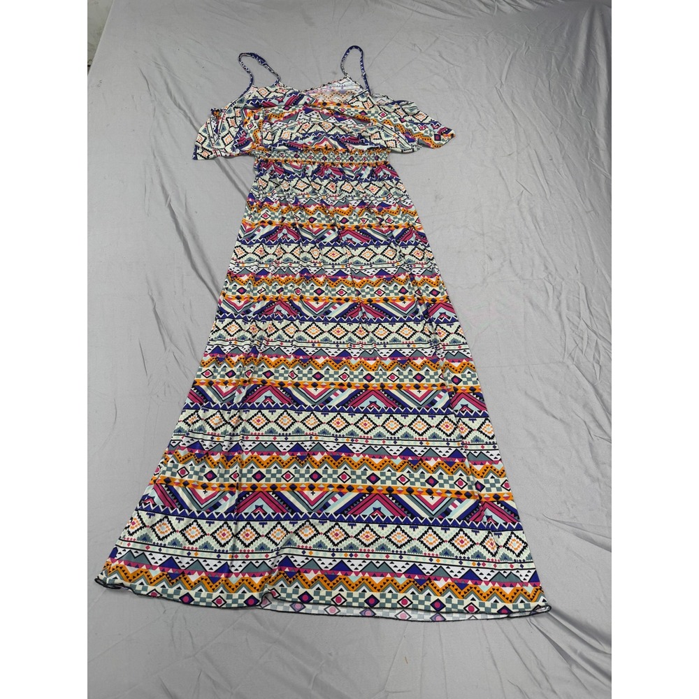 West Loop Women's XL Boho Maxi Dress Geometric Aztec Print Ruffle Bodice